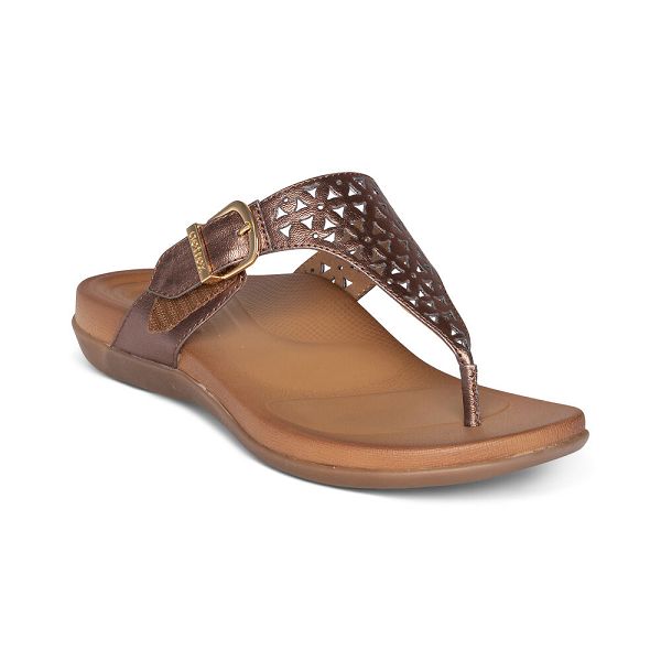 Aetrex Women's Rita Adjustable Flip Flops Bronze Sandals UK 9698-967